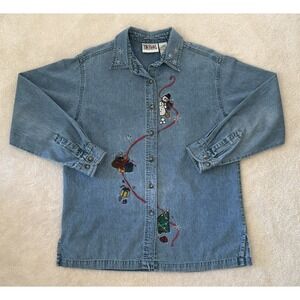 VTG 90s BILL BLASS Jeans Denim Button Down Embroidered Christmas Snowman M Shirt